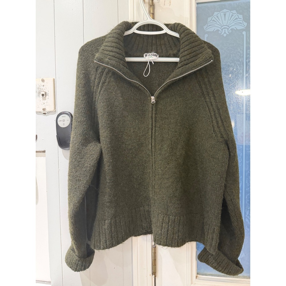 Weekday Olive Green Full Zip Wool Blend Knit Cardigan Sweater XL